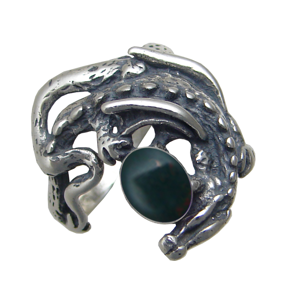 Sterling Silver Dragon of Protection Ring With Bloodstone Size 9